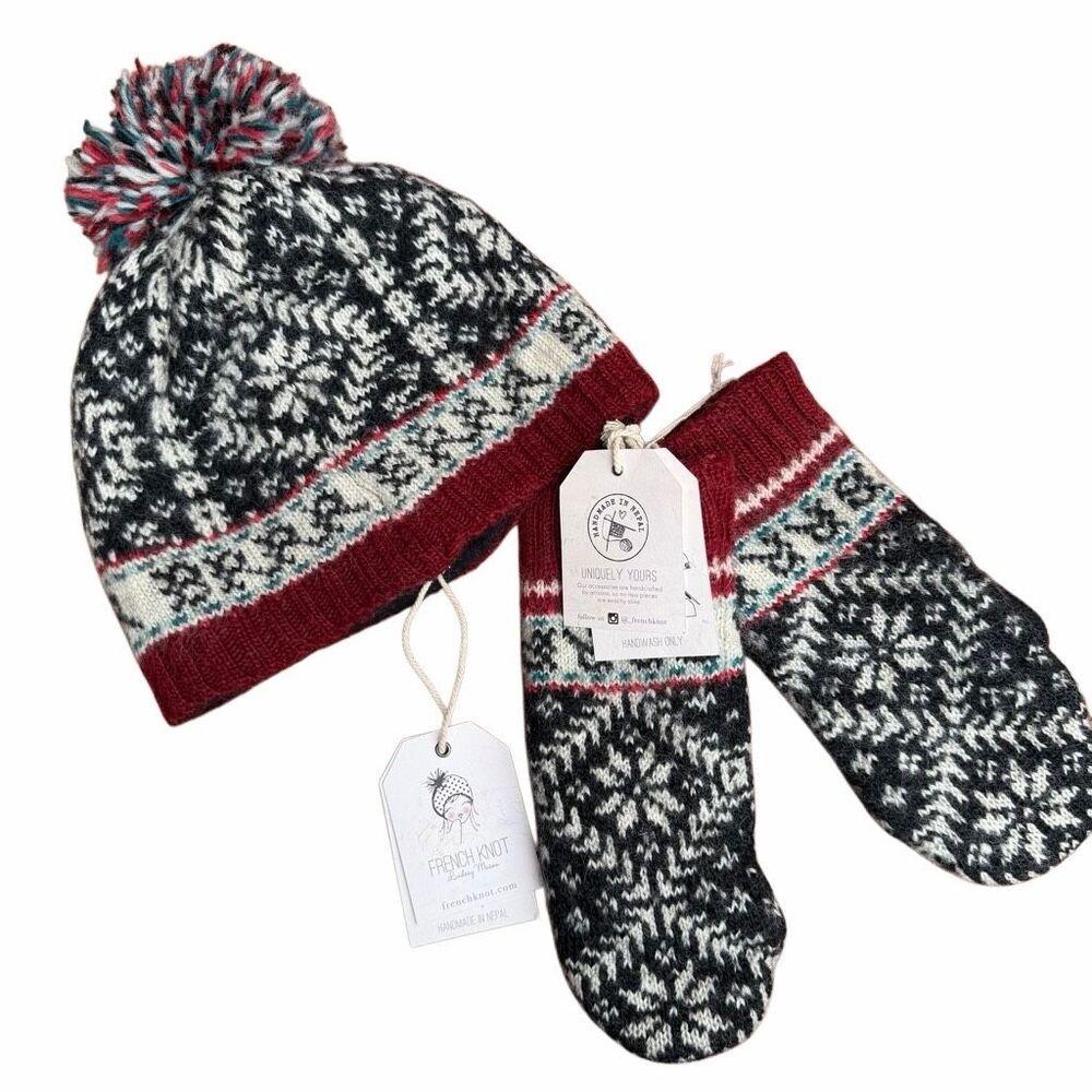 Free People French Knot Nordic Wool Hat Mittens Set black red brrr OS NWT